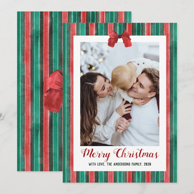 Foto de Navidad con lazo de rayas dibujado a mano  (Anverso / Reverso)