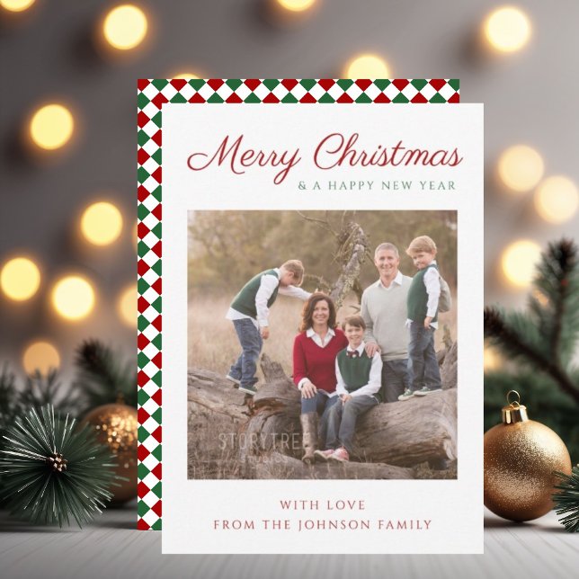 Foto de Navidad con Pequeño Guion Moderno en Rojo  (Modern Script Red Green Checks Christmas Photo Holiday Card)