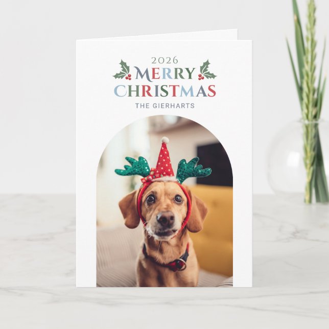 Foto de Navidad con Perro Familiar y Follaje (Anverso)