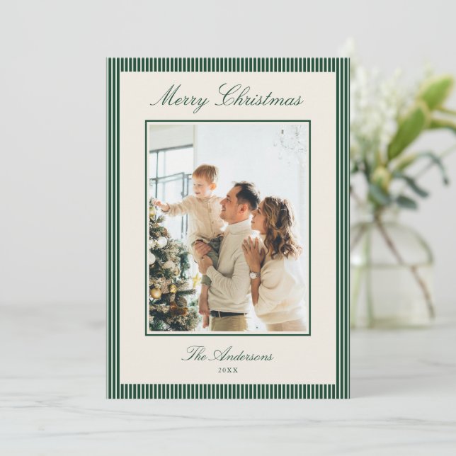 Foto de Navidad con Rayas Verdes Elegantes (Anverso de pie)