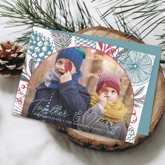 Foto de Navidad con Verdura de Invierno Moderna (Modern Winter Greenery Christmas Photo Holiday Card)