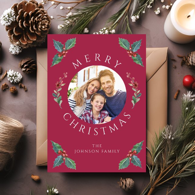 Foto de Navidad de Botánicos de Invierno Rojos Mod (Modern Red Winter Botanicals Christmas Photo Holiday Card)