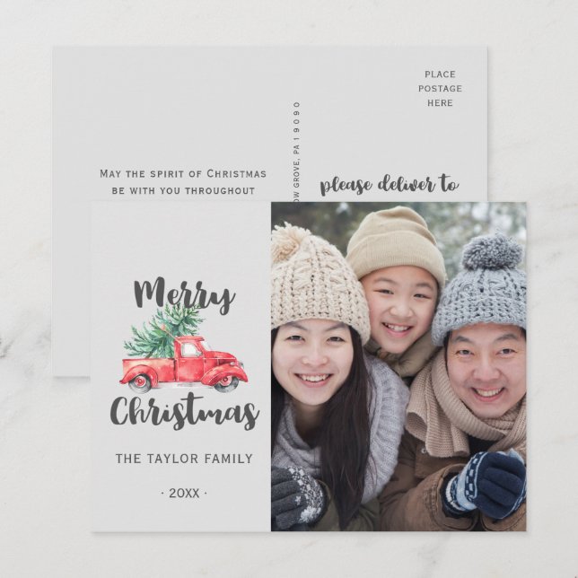 Foto de Navidad de Camión Rojo y Árbol (Anverso / Reverso)