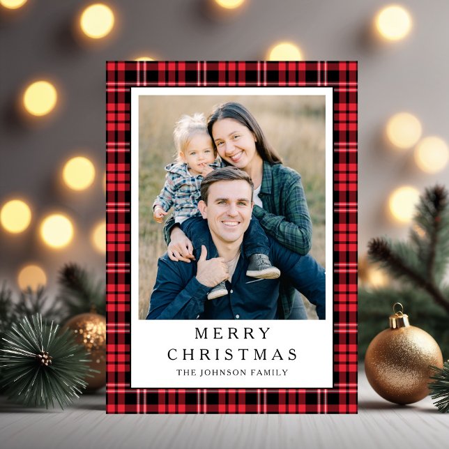 Foto de Navidad de Cuadro Rojo Festivo (Festive Red Plaid Photo Christmas Holiday Card)