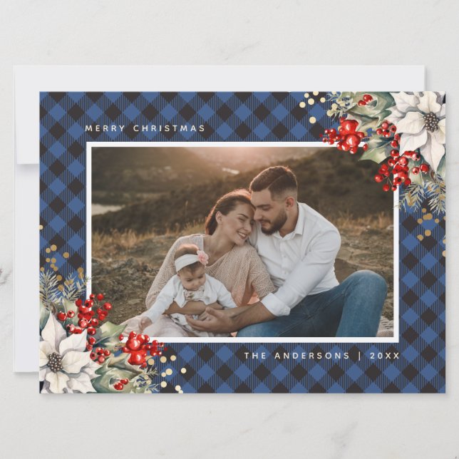 Foto de Navidad de Flor de Pascua de Acuarela Azul (Anverso)