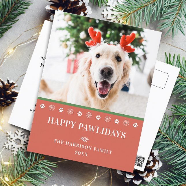 Foto de Navidad de Perro Feliz Pawlidays (Dog Christmas Photo Happy Pawlidays Holiday Postcard)