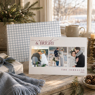 Foto de Navidad de recién casados en azul gingham 