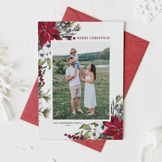 Foto de navidad del merry botánico de Poinsettia R (Customizable photo Christmas card featuring watercolor burgundy red poinsettia and white flowers)