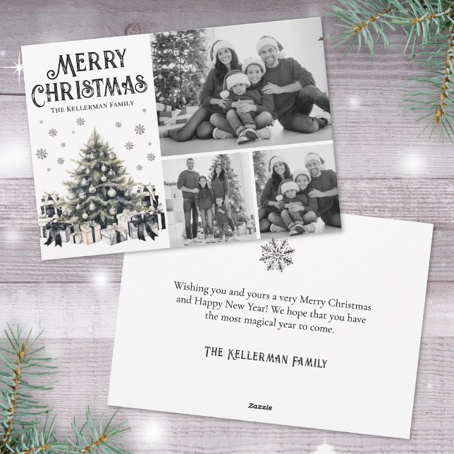 Foto de Navidad Elegante en Blanco y Negro (Black White Elegant Christmas Tree Photo Holiday Card)