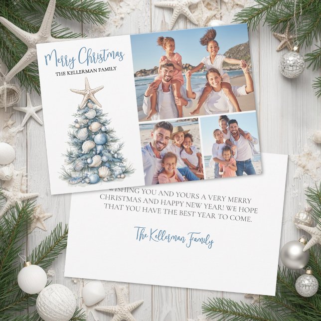 Foto de Navidad Familiar en la Playa Feliz (Beach Merry Christmas Family Photo Holiday Card )