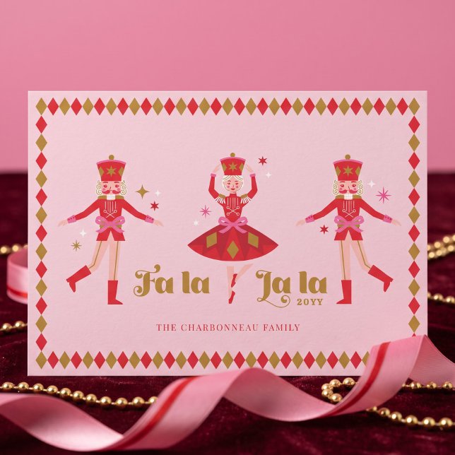 Foto de Navidad Familiar Rosa del Cascanueces Fa L (Fa La La Nutcracker Pink Christmas Family Photo Holiday Card)