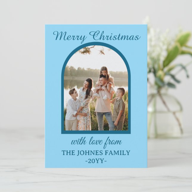 Foto de Navidad Feliz Azul Personalizada (Anverso de pie)