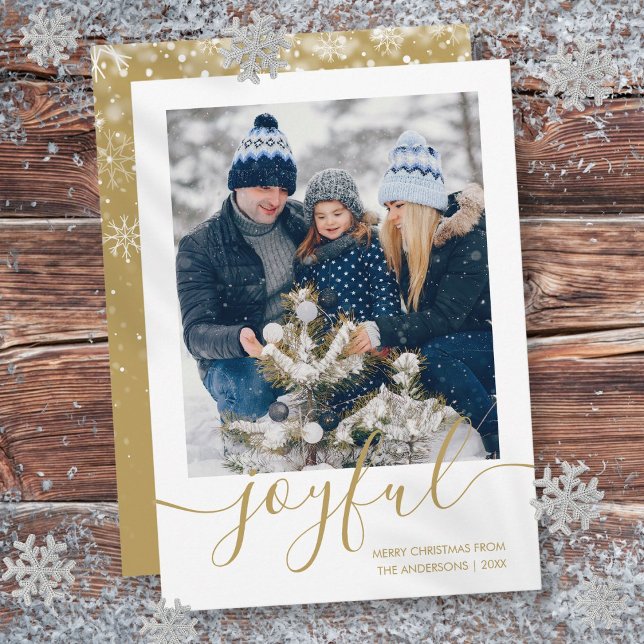 Foto de Navidad Gold Joyful Merry (Gold Joyful Merry Christmas Photo Holiday Card)