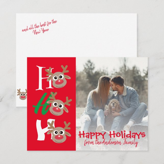 Foto de Navidad Ho Ho Ho Cartoons Reno Rojo (Anverso / Reverso)