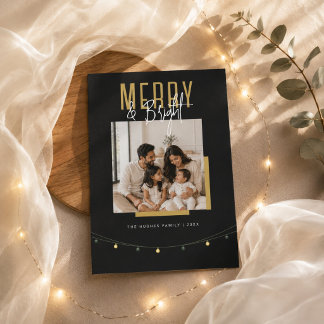 Foto de Navidad Merry & Bright en negro y dorado