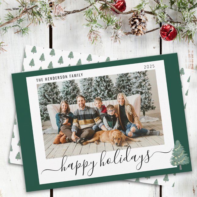 Foto de Navidad personalizada de Felices Fiestas F (Whimsical woodland Happy Holidays watercolor christmas tree and lights family Photo holiday card)