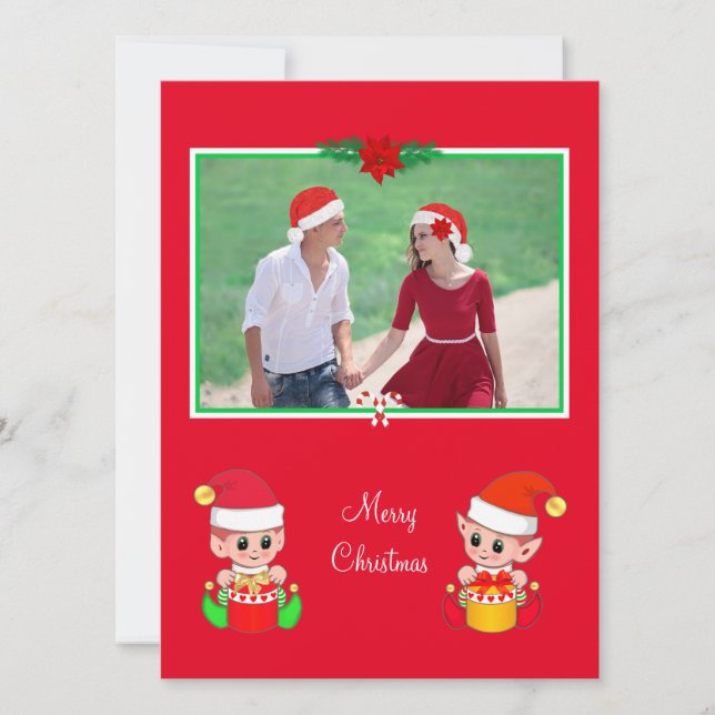 Foto de Navidad personalizada & Elfo lindo en rojo (Anverso)