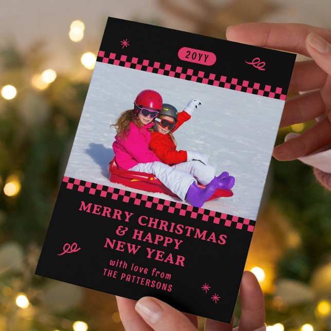 Foto de Navidad personalizada Retro Black Pink (Subido por el creador)