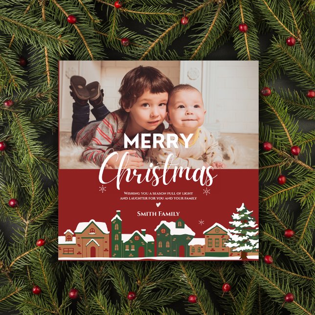 Foto de Navidad personalizada tradicional roja (Traditional Red Christmas Custom Holiday Photo Cards)