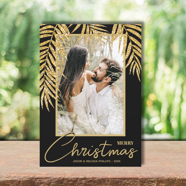 Foto de Navidad Tropical (Gold faux glitter palm fronds Christmas photo holiday Cards, PRINTED and/or INSTANT DOWNLOAD)