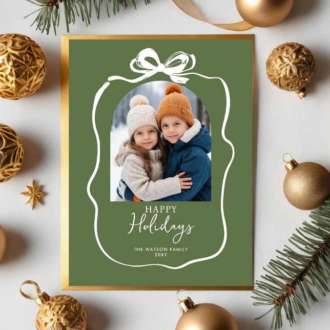 Foto de Navidad Verde con Lazo de Cinta Dibujado a (Green Christmas Photo Hand-Drawn Bow Ribbon Holiday Postcard)