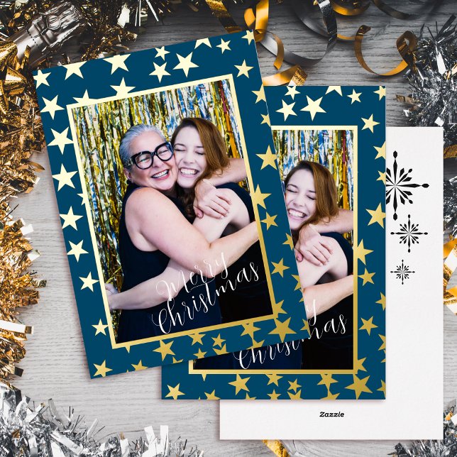 Foto de Navidades Starry. Tarjeta de vacaciones de (Starry Christmas Photo Dark Teal Foil Holiday Card)