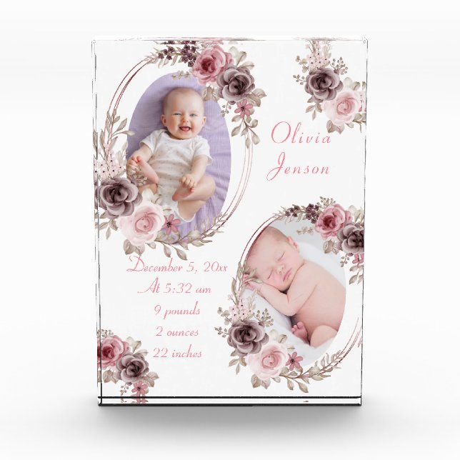 Foto de niña bebé con flores de acuarela en rosa d (Anverso)