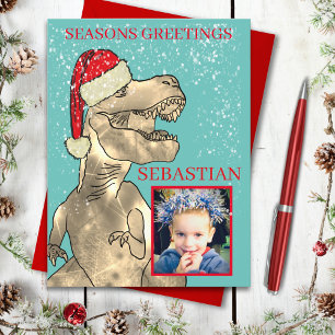 Foto de niños con dinosaurio de Navidad