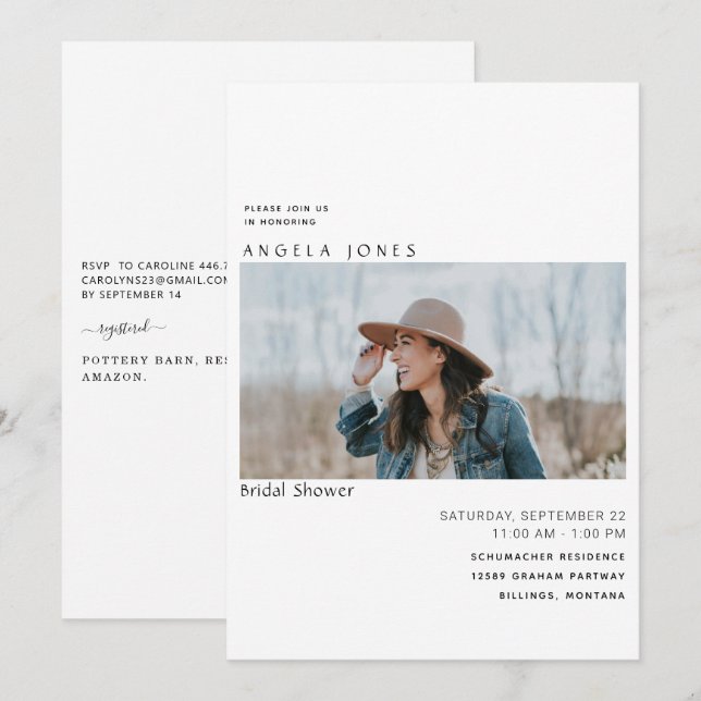 Foto de novia moderna Invitación blanca simple de  (Anverso / Reverso)