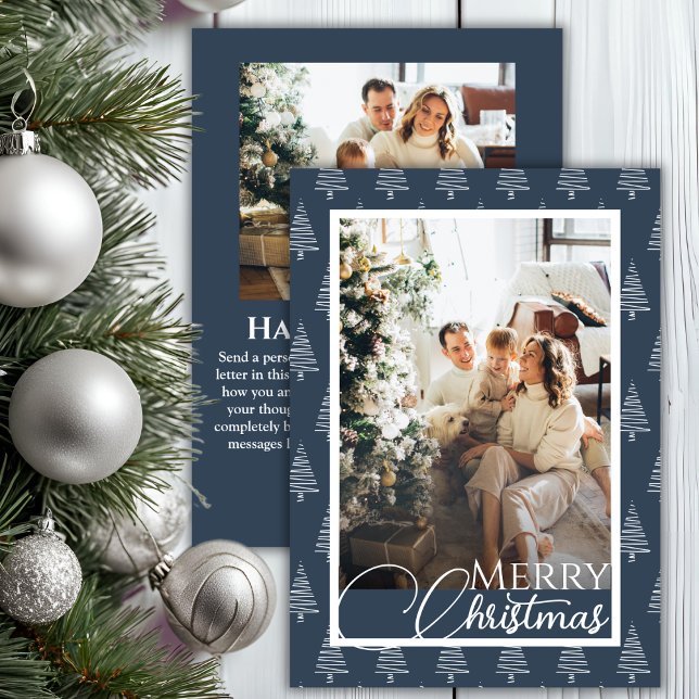 Foto De Patrón De Árbol De Navidad Azul Y Blanco (Blue And White Christmas Tree Pattern Photo Holiday Card)