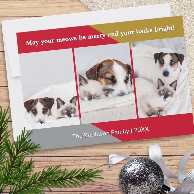 Foto de Perro Gato Humor de Mascotas Navidad Moder (A pet themed Christmas card with 3 custom photos, cute caption and custom name and year)