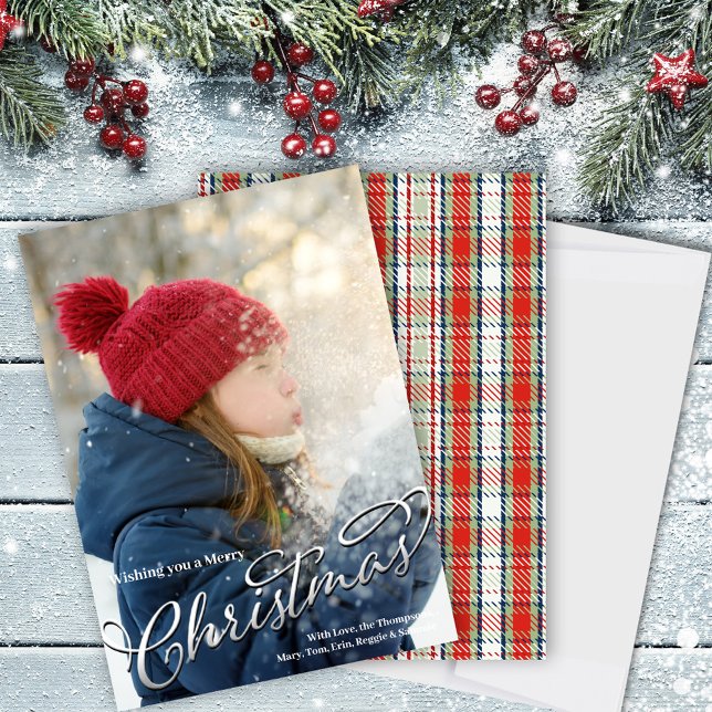 Foto de Placa de Navidad de Feliz Verde y Rojo (Merry Christmas Holiday Photo card with red and green plaid. )