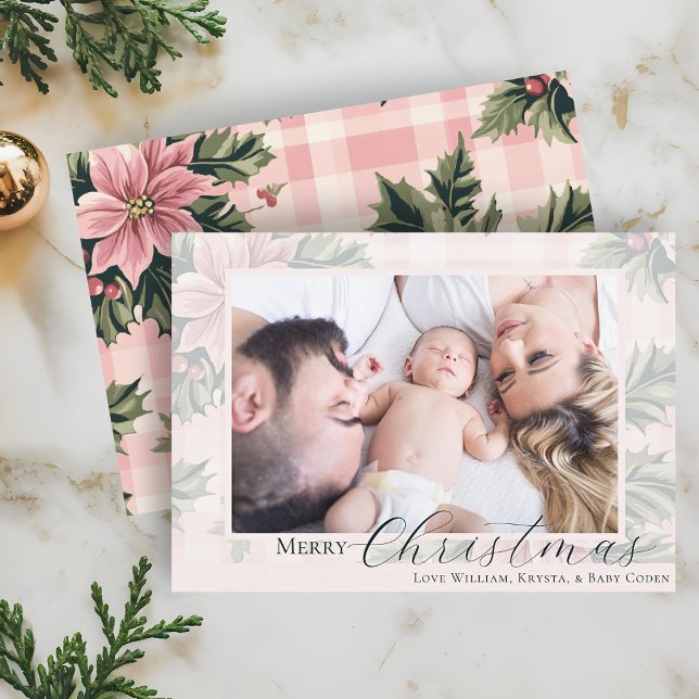 Foto de Poinsettia de rosa para Feliz Navidad (Merry Christmas Pink Plaid Poinsettia Holiday Greeting Card with Family Photo)