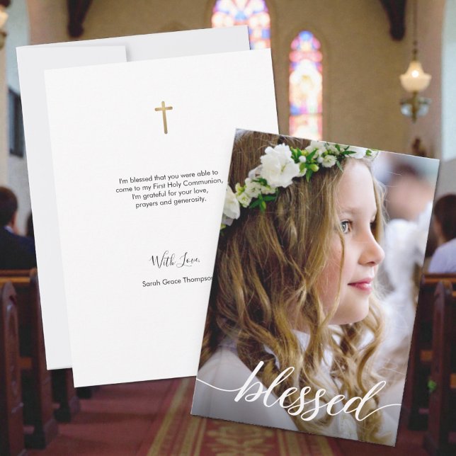 Foto de Primera Comunión Sagrada Agradecimiento (Blessed 1st holy communion, custom photo gold cross thank you message card.)