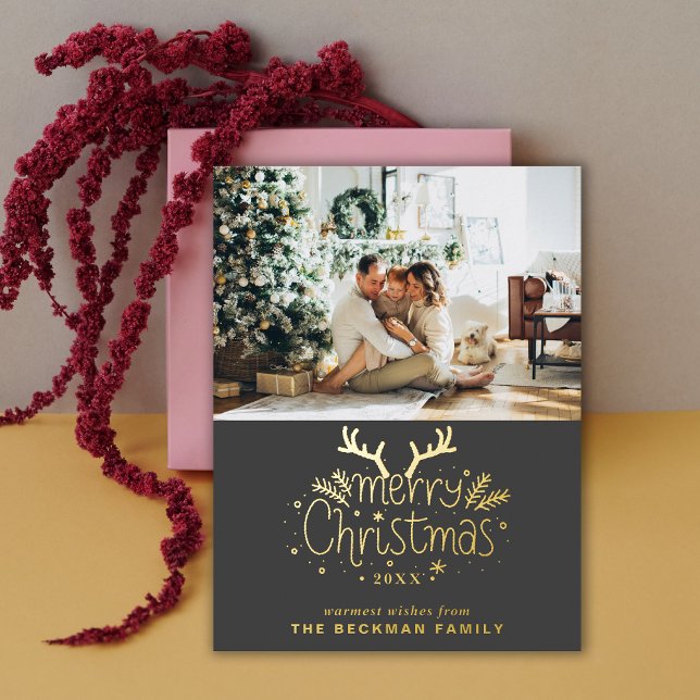 Foto de Relieve metalizado: tarjeta postal navideñ (Foil Photo Merry Christmas Reindeer Xmas Holiday Postcard)