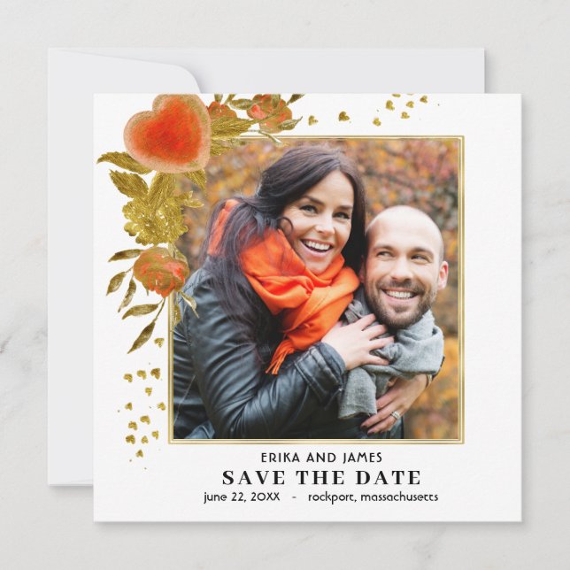 Foto de Rosa Red Gold Heart Save the Date (Anverso)
