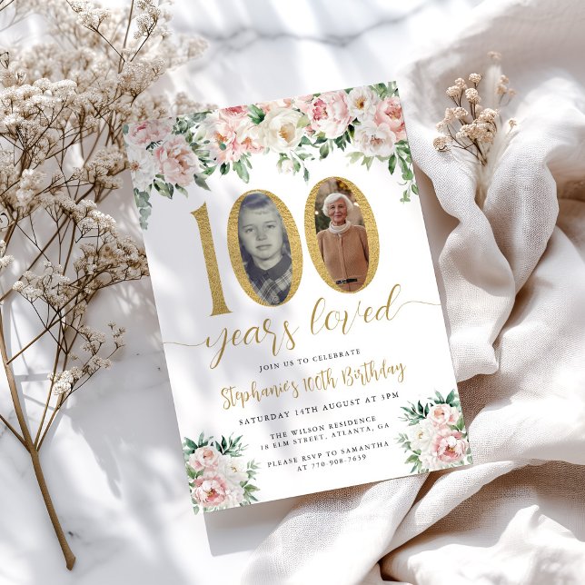 Foto de Rubor Pink Floral Invitación a los cien añ (Subido por el creador)