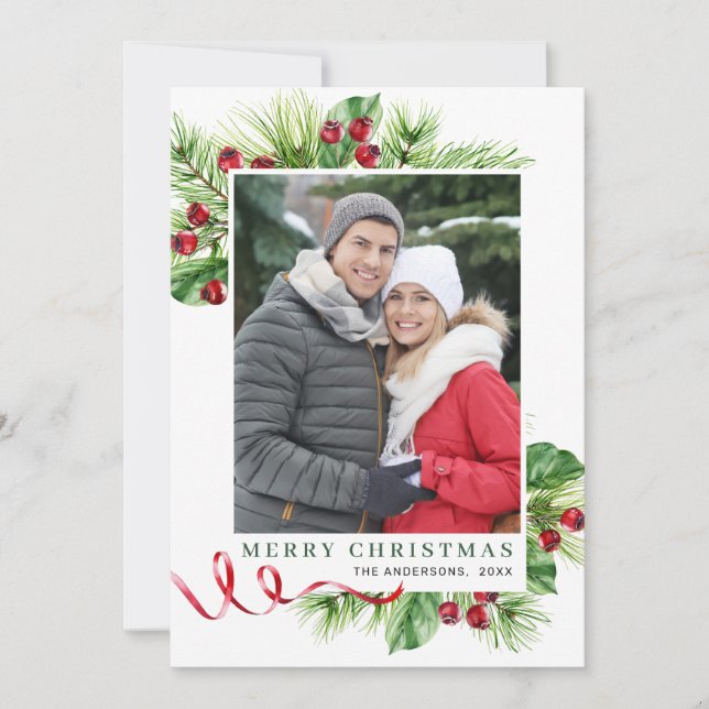 Foto de saludo de Navidad con acebo festivo (Anverso)