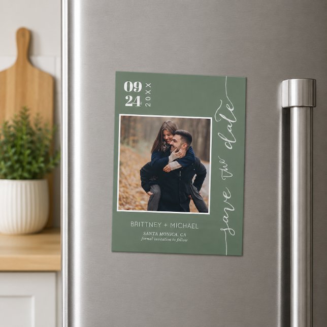 Foto de Salvia Oscura para Guardar la Fecha (Elegant dark sage photo save the date featuring modern typography, romantic handwritten magnet)