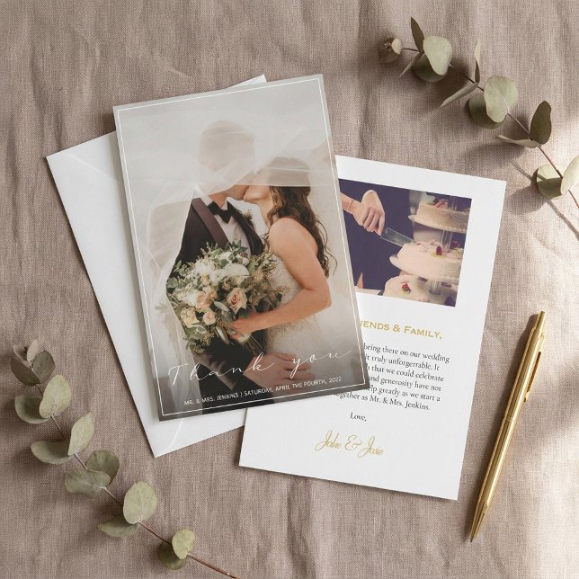 Foto de su boda, tarjeta de agradecimiento, borde  (Your wedding photo, thank you card, thin border.)