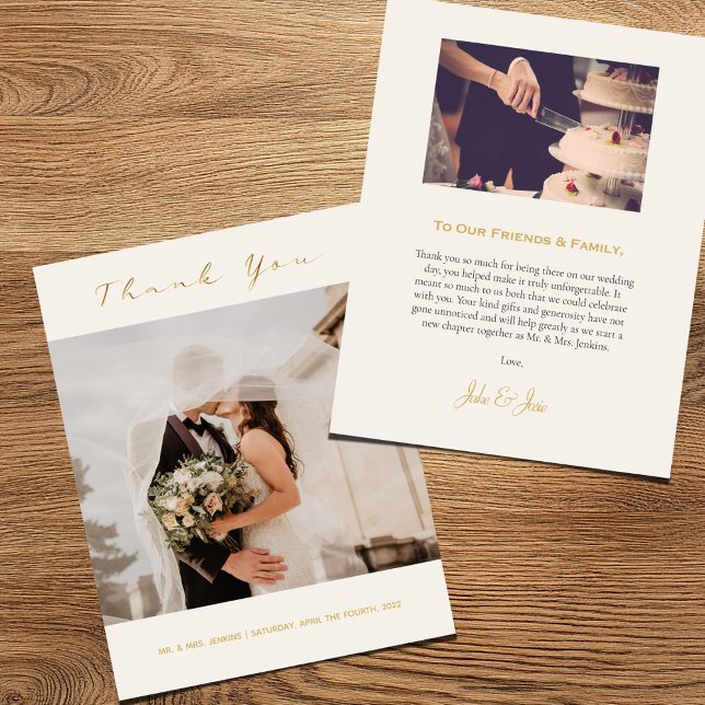 Foto de su boda, tarjeta de agradecimiento moderna (Wedding thank you card with a photo on the front and back and text in gold)