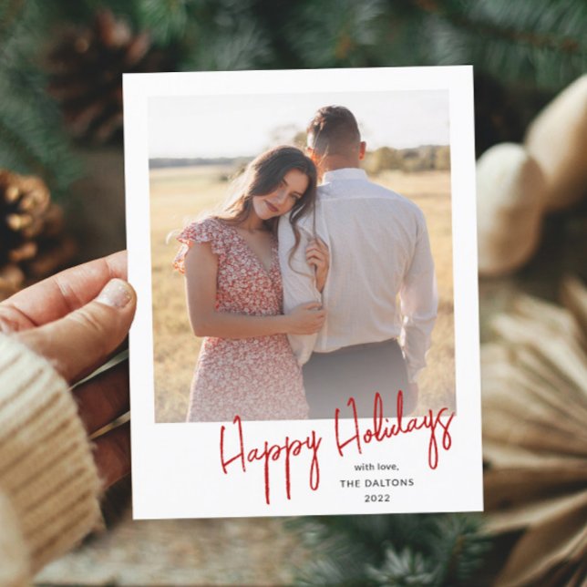 Foto de Tarjeta de Felices Fiestas Moderna y Simpl (Simple handwritten red holiday photo postcard.)