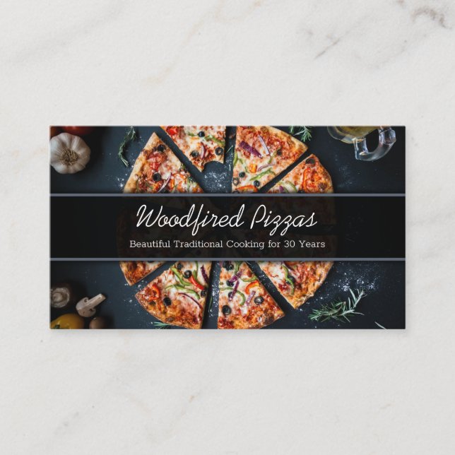 Foto de una pizza en pizarra - tarjeta de visita (Anverso)