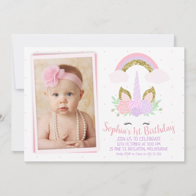 Foto de unicornio y invitación al cumpleaños Rainb (Anverso)