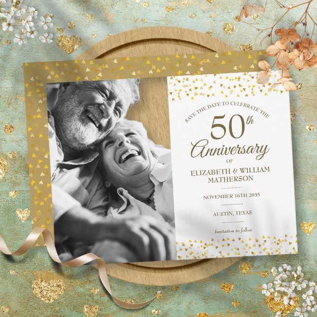 Foto del anuncio de la fecha de guardado del 50 an (50th Anniversary Golden Hearts Save the Date Photo Announcement Postcard)
