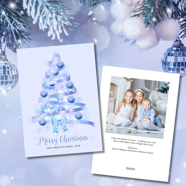 Foto del árbol de cinta azul de navidad (Merry Christmas Blue Ribbon Tree Photo Holiday Card)