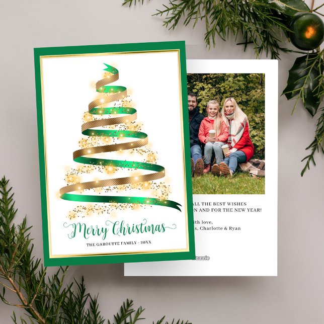 Foto del árbol de oro verde de navidad (Merry Christmas Green Gold Tree Photo Holiday Card)