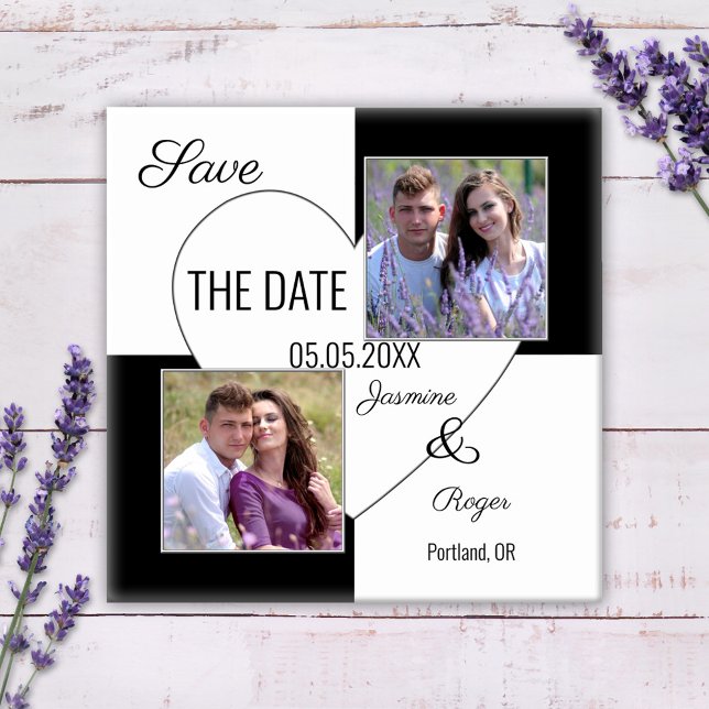 Foto del corazón blanco y negro Salven el imán de  (Save the Date magnet featuring your own photos framed by a checkered black and white heart design.)