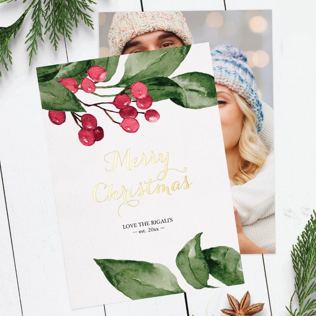 Foto del país: tarjetas de navidad de merry (Christmas cards photo with watercolor botanical leaves and berries red and green)