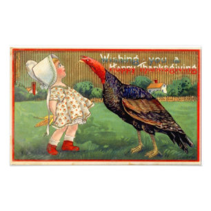 Foto Día de Acción de Gracias Feliz Niña y Pavo Vintage